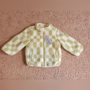 Toddler Girls' Checkered Plaid Faux Sherpa Fleece Zip Front Jacket Size 2T
